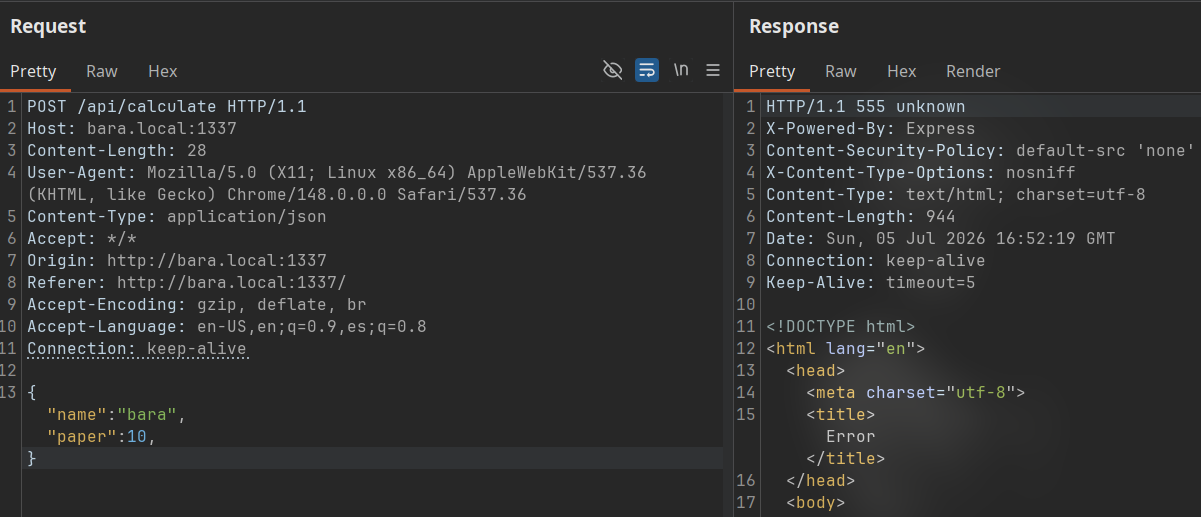 Burp Suite request/response, showing the malformed JSON triggering an HTTP 555 unknown response